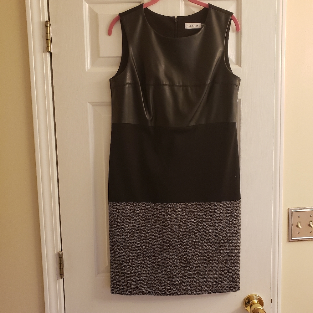Faux leather and fabric sleeveless shift dress
